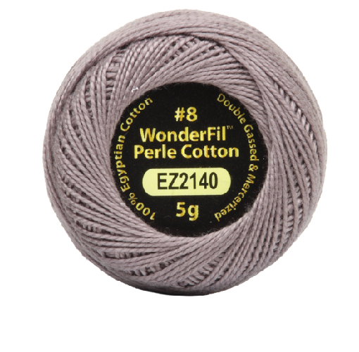 Vicki McCarty Wonderfil Perle Cotton - Thunder Gray (2140) spool showing soft gray cotton embroidery thread ideal for needlework, cross stitch, and hand embroidery projects.