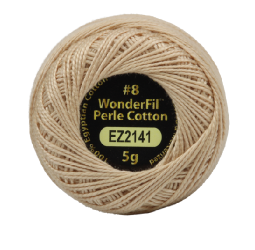 Vicki McCarty Wonderfil Perle Cotton -Blanched Almond (2141) spool of fine beige embroidery thread for needlework, cross stitch, and modern needlecraft projects.