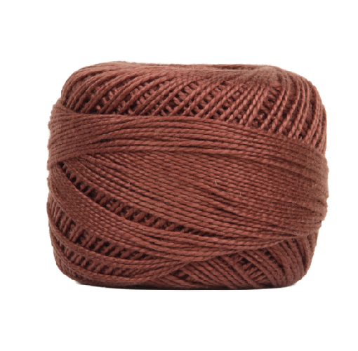Ball of reddish-brown embroidery thread in a tightly wound spool, Vicki McCarty Wonderfil Perle Cotton -Hickory (2143), ideal for modern needlework and cross stitch projects.