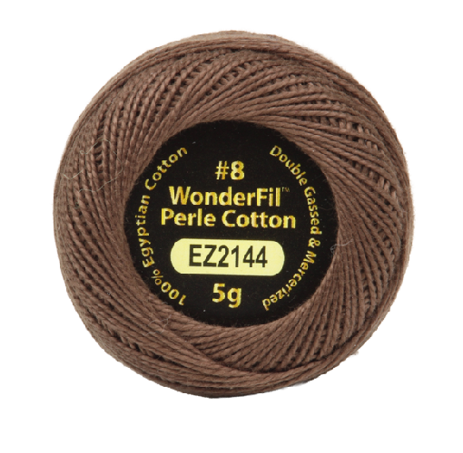 Vicki McCarty Wonderfil Perle Cotton - Walnut (2144) spool of smooth, tightly twisted embroidery thread in rich walnut brown, ideal for needlework and cross stitch projects.