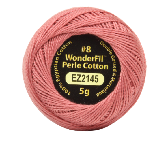 Vicki McCarty Wonderfil Perle Cotton - Candy Pink (2145) spool of shiny, tightly wound #8 cotton thread perfect for embroidery, cross stitch, and modern needlework projects.