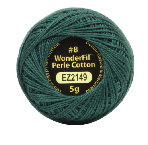 Vicki McCarty Wonderfil Perle Cotton - Backwoods (2149) is a rich deep green embroidery thread made of premium, double-gassed, mercerized cotton ideal for modern needlework and craft projects.