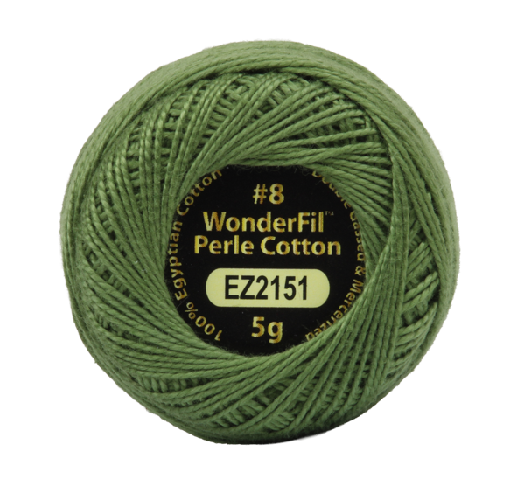 Vicki McCarty Wonderfil Perle Cotton - Pickle Green (2151) spool of high-quality embroidery thread made from 100% Egyptian cotton, ideal for modern needlework and cross stitch projects.
