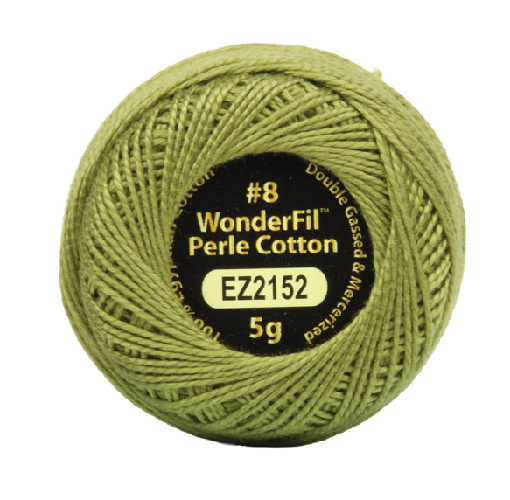Vicki McCarty Wonderfil Perle Cotton - Pear Green (2152) spool of fine #8 embroidery thread, ideal for hand embroidery, needlework, and sashiko crafts.