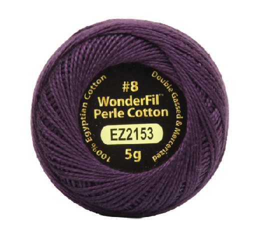 Close-up of a spool of Vicki McCarty Wonderfil Perle Cotton - Raisin (2153) embroidery thread, deep purple color, showcasing fine, double gassed mercerized cotton for modern needlework.