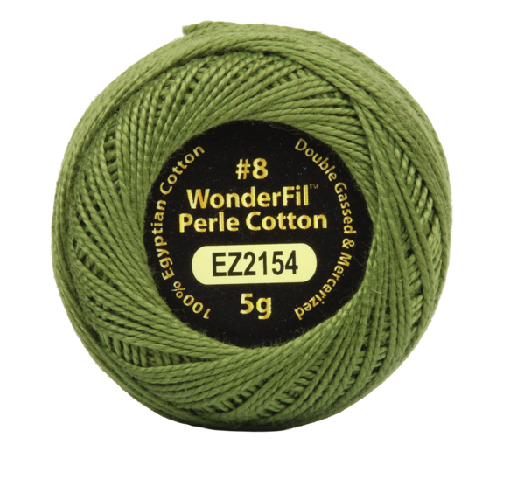 Vicki McCarty Wonderfil Perle Cotton - Sap Green (2154) thread spool made of 100% Egyptian cotton, ideal for embroidery, cross stitch, and modern needlework projects.