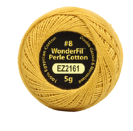Vicki McCarty Wonderfil Perle Cotton -Warm Gold (2161) spool of premium #8 embroidery thread made from 100% Egyptian cotton, ideal for needlework, cross stitch, and Sashiko crafts.