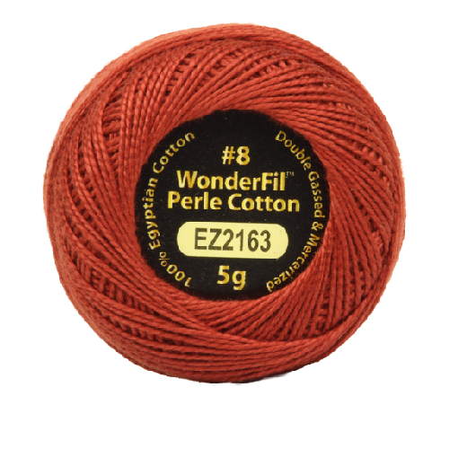 Vicki McCarty Wonderfil Perle Cotton - Brick (2163) spool of fine, double gassed, mercerized embroidery thread in a brick red shade, ideal for modern needlework and cross stitch projects.
