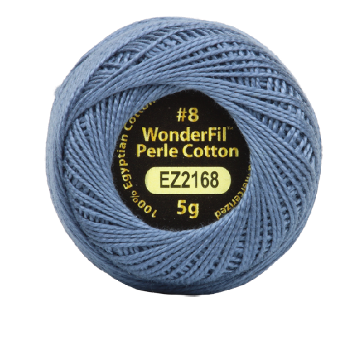 Vicki McCarty Wonderfil Perle Cotton - Beach Blue (2168) spool of fine, high-quality blue embroidery thread ideal for modern needlework, cross stitch, and sashiko crafting projects.