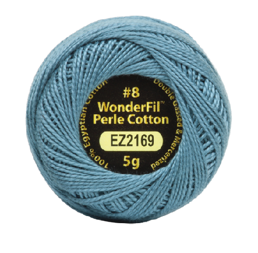 Vicki McCarty Wonderfil Perle Cotton - Gulfstream (2169), a spool of high-quality light blue embroidery thread ideal for modern needlework, cross stitch, and Sashiko crafts.