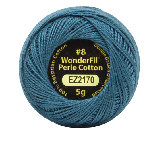 Vicki McCarty Wonderfil Perle Cotton -Seaworthy (2170) spool of blue embroidery thread made from 100% Egyptian cotton, ideal for modern needlework and craft projects.