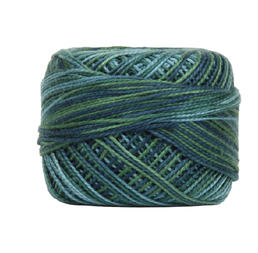 Vicki McCarty Variegated Wonderfil Perle Cotton - Tree Farm (2213), a vibrant variegated embroidery thread with shades of green and blue, ideal for modern needlework and cross stitch projects.