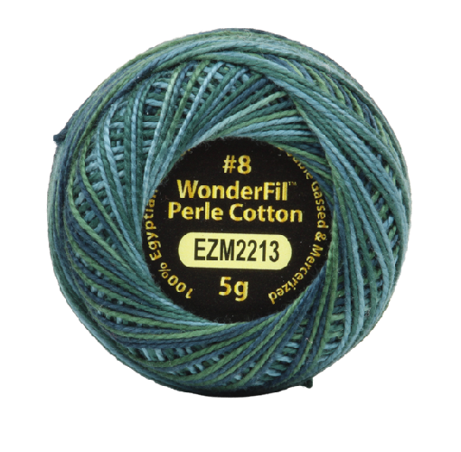 Vicki McCarty Variegated Wonderfil Perle Cotton - Tree Farm (2213) in shades of green, ideal for embroidery, cross stitch, and modern needlework projects.