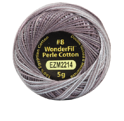 Vicki McCarty Variegated Wonderfil Perle Cotton - Anchor Gray (2214), a spool of premium variegated cotton thread in shades of gray, ideal for embroidery and needlework projects.