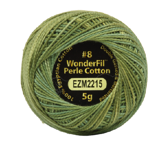 Vicki McCarty Variegated Wonderfil Perle Cotton - Apple Green (2215) spool of variegated green embroidery thread made from 100% Egyptian cotton, ideal for needlework and sashiko crafts.
