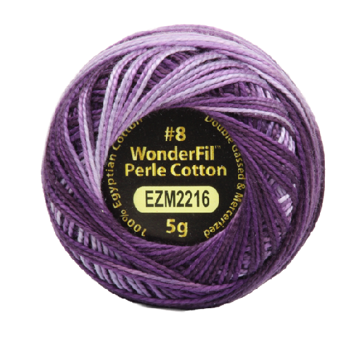 Vicki McCarty Variegated Wonderfil Perle Cotton - Crocus (2216), variegated purple embroidery thread made from 100% Egyptian cotton, ideal for modern needlework and cross stitch projects.