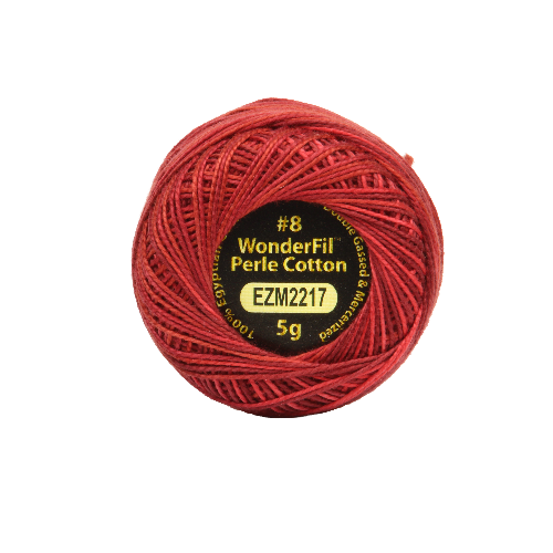 Vicki McCarty Variegated Wonderfil Perle Cotton - Scarlet Red (2217) in a vibrant scarlet red color, ideal for embroidery, cross stitch, and modern needlework projects.