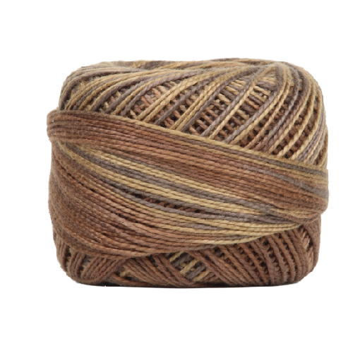 Vicki McCarty Variegated Wonderfil Perle Cotton - Maple (2218) showing a close-up of variegated embroidery thread in warm brown, tan, and beige tones for needlework projects.