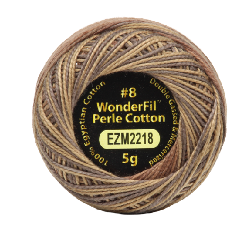 Vicki McCarty Variegated Wonderfil Perle Cotton - Maple (2218) featuring variegated shades of brown and beige, ideal for embroidery, cross stitch, and modern needlework projects.