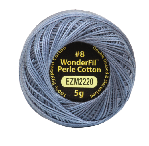 Vicki McCarty Variegated Wonderfil Perle Cotton - Yale Blue (2220) ball of fine #8 cotton thread for embroidery, cross stitch, and needlework projects in a muted blue shade.