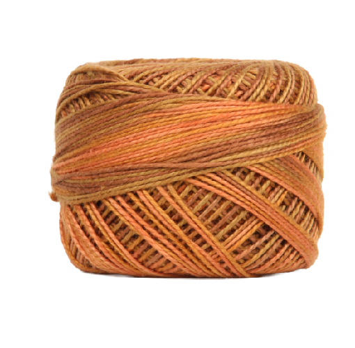Vicki McCarty Variegated Wonderfil Perle Cotton - Red Fox (2221) showing a close-up of variegated embroidery thread in warm shades of orange, brown, and red, ideal for modern needlework projects.