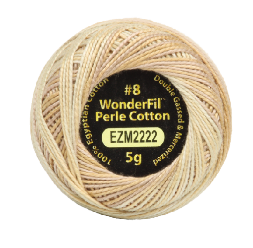 Vicki McCarty Variegated Wonderfil Perle Cotton - Sand (2222) spool of variegated sand-colored embroidery thread made from premium quality cotton, ideal for hand embroidery and needlework projects.