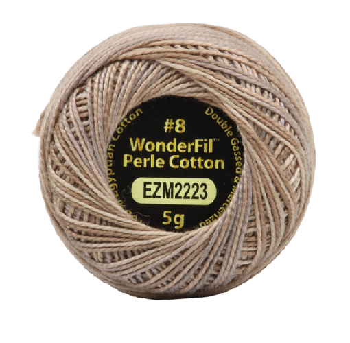 Vicki McCarty Variegated Wonderfil Perle Cotton - Burlywood (2223) spool of variegated beige embroidery thread for needlework, cross stitch, and modern craft projects.