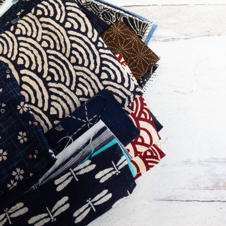 Boro Fabric Scrap Box (8 oz) featuring a variety of patterned fabric scraps in traditional Japanese designs, perfect for Sashiko and modern needlework crafts.