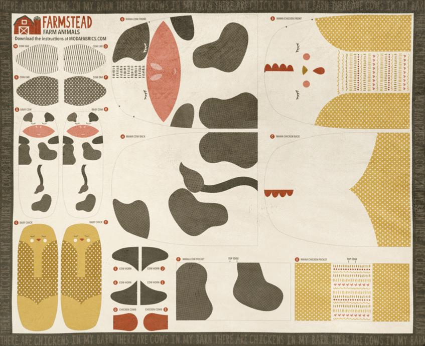 Farmstead Cuddle Animal Pillow Panel featuring printed fabric pieces for assembling cow and chicken shapes, designed for modern needlework and sewing projects.