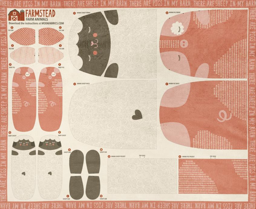Fabric panel for a Farmstead Cuddle Animal Pillow Panel featuring printed cutouts for assembling a stuffed pig and sheep with soft earthy tones, suitable for embroidery and sewing projects.