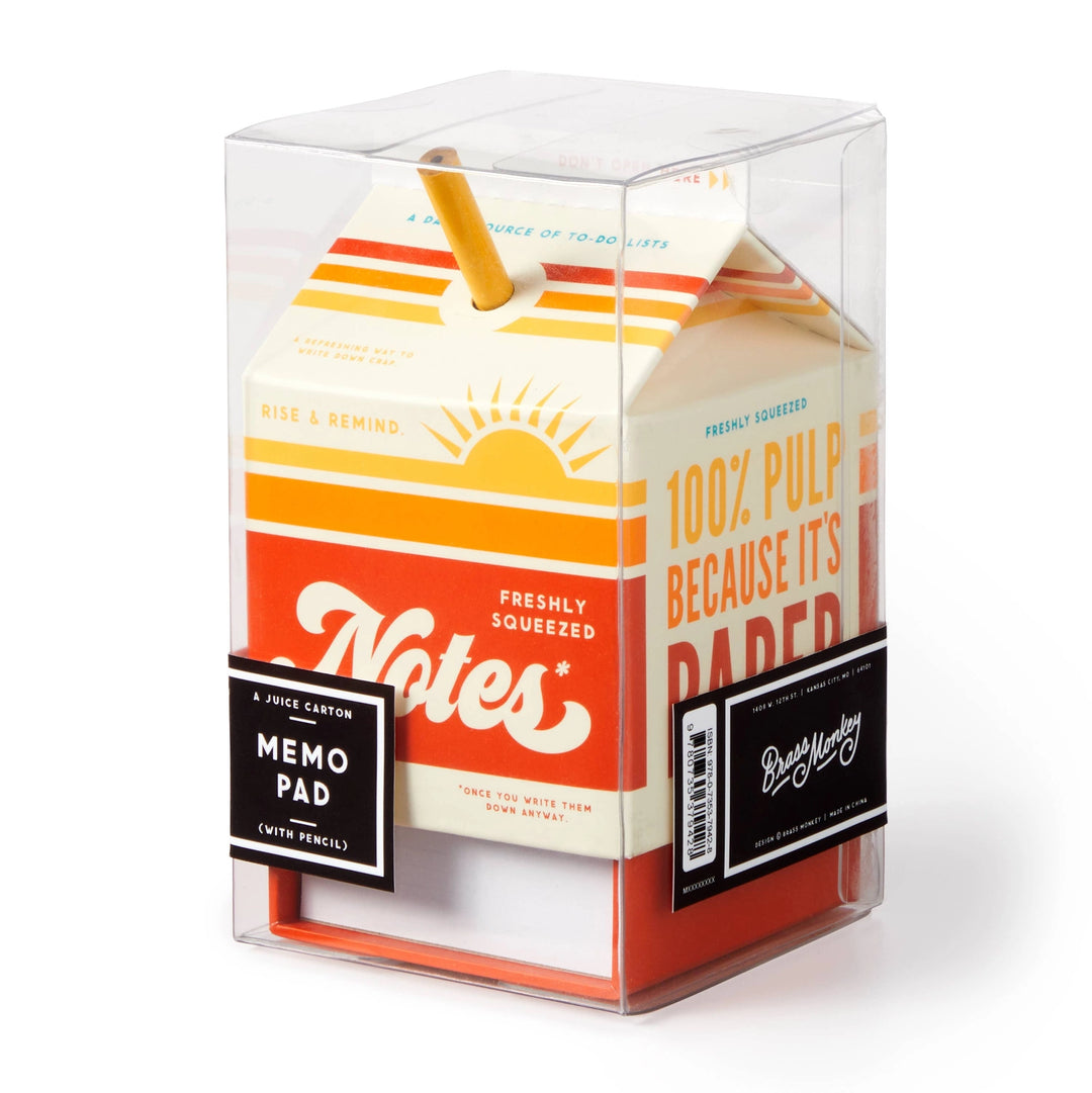 Brass Monkey Freshly Squeezed Note Pad designed as a retro juice carton with pencil holder, perfect for modern needlework enthusiasts and Japanese stationery lovers.