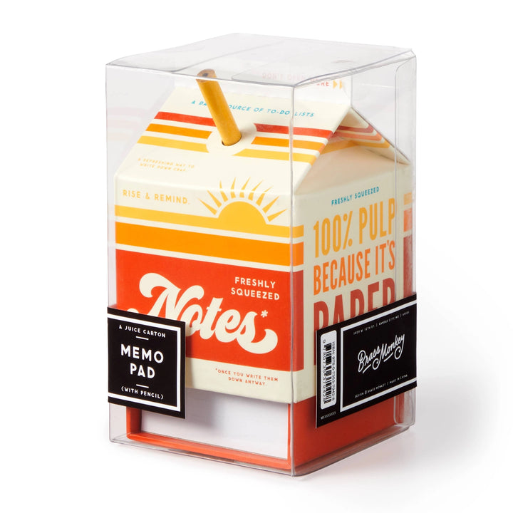 Brass Monkey Freshly Squeezed Note Pad designed as a retro juice carton with pencil holder, perfect for modern needlework enthusiasts and Japanese stationery lovers.