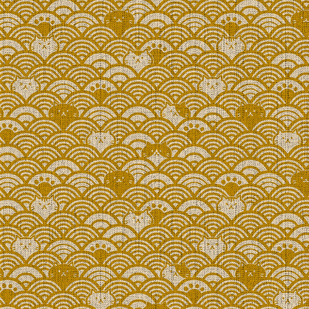 Cotton Dobby Fabric :: Fuku Cats in Waves in Yellow (CF9032B)