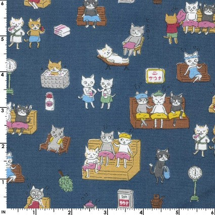 Onsen Cats on Dark Blue Cotton Fabric