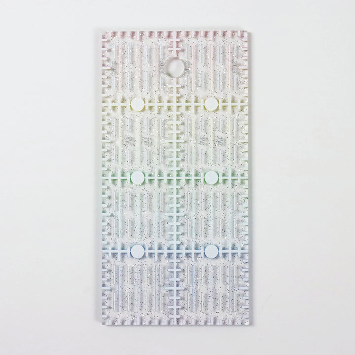 Rainbow Gradient Glitter Ruler (2" x 4") featuring a translucent design with sparkly glitter and subtle color transitions, ideal for precise measuring in embroidery and sewing projects.