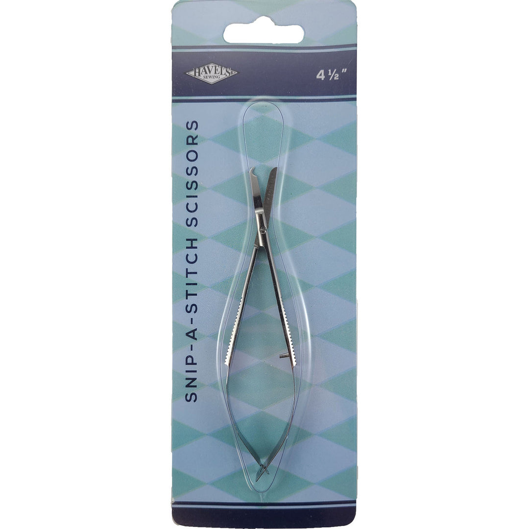 Havel's Snip A Stitch scissors in their retail packaging noting that they are 4.5" scissors