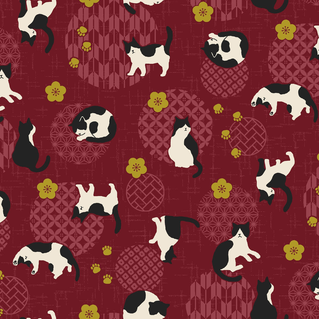 Japanese Cotton Fabric - Cats on Red Wagara Circles