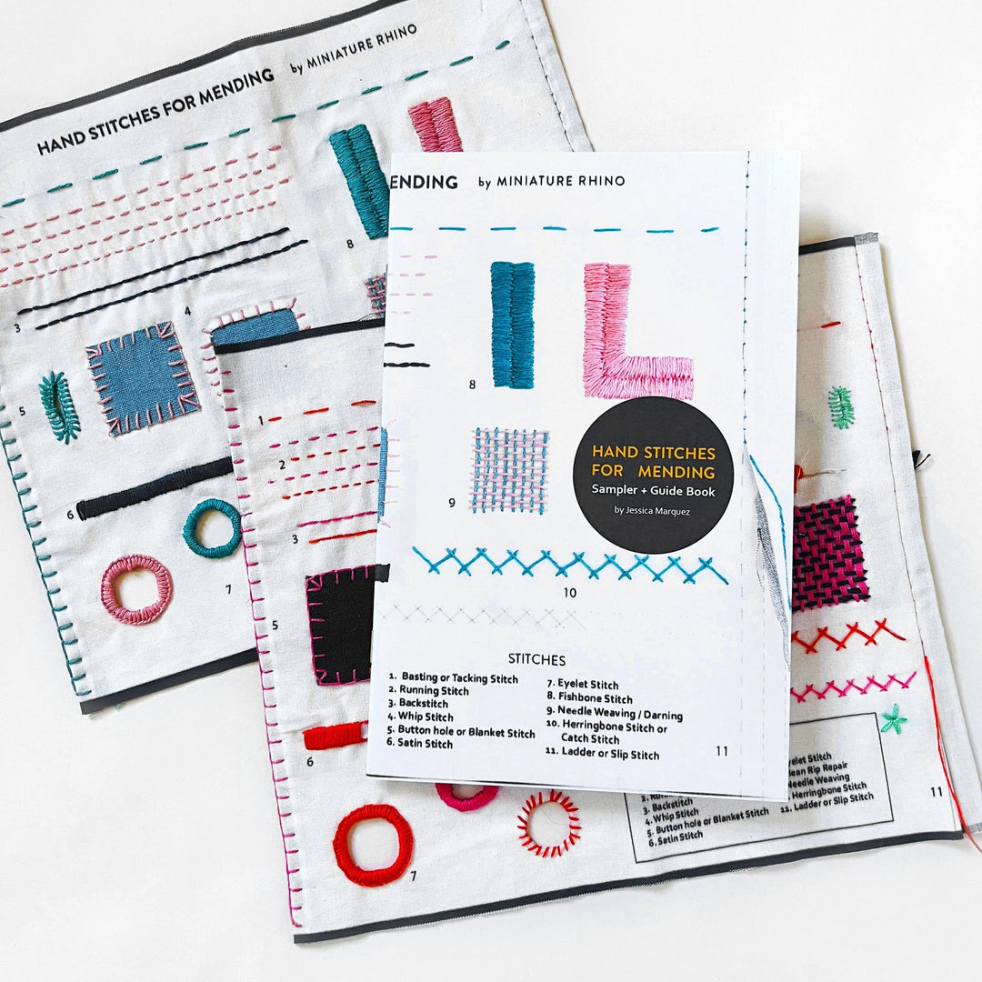 Hand Stitches for Mending Sampler & Booklet featuring various colorful embroidered stitches on white fabric, showcasing modern needlework techniques for mending and creative embroidery.