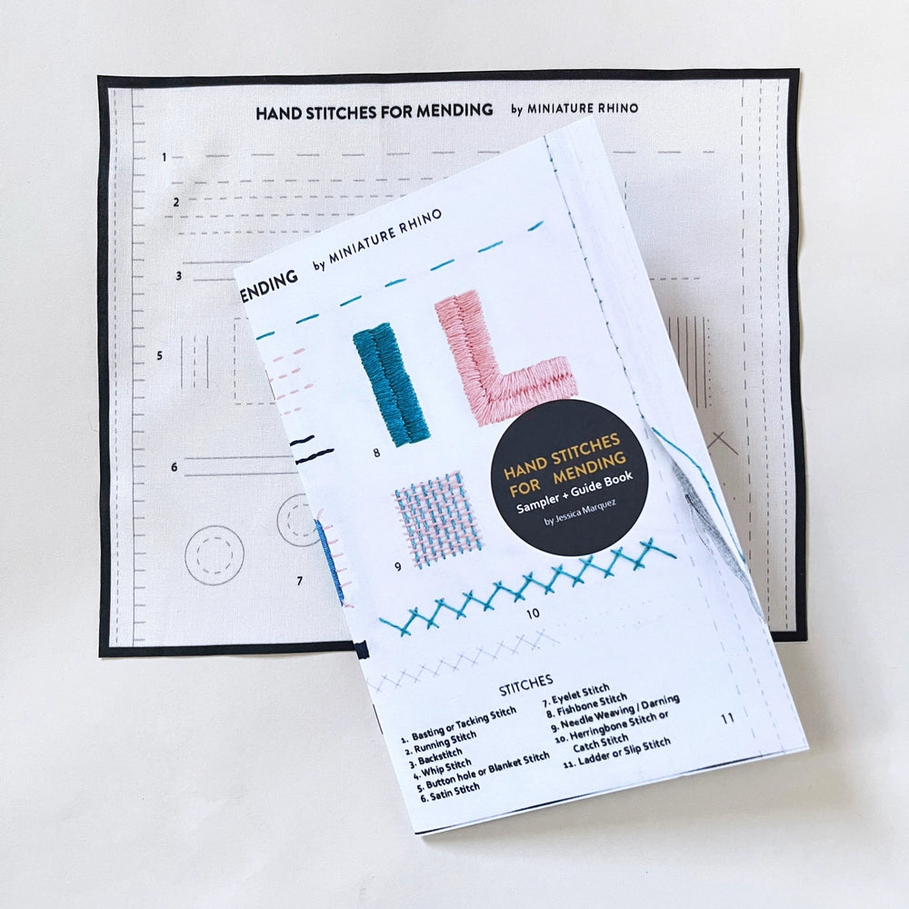 Hand Stitches for Mending Sampler & Booklet featuring various embroidered stitch examples on a fabric guide, ideal for modern needlework, embroidery kits, and Japanese craft supplies.