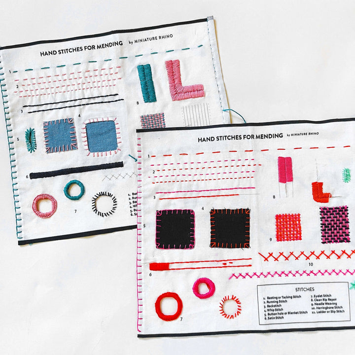 Two fabric samplers display colorful hand-stitched mending techniques with various thread patterns and textures, illustrating the "Hand Stitches for Mending Sampler & Booklet" for modern needlework enthusiasts.