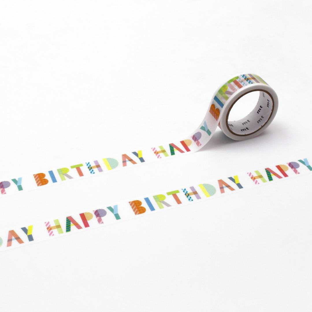 Japanese mt Washi Tape - Happy Birthday featuring colorful block letters in a variety of patterns on translucent tape, ideal for Japanese craft supplies and modern needlework projects.