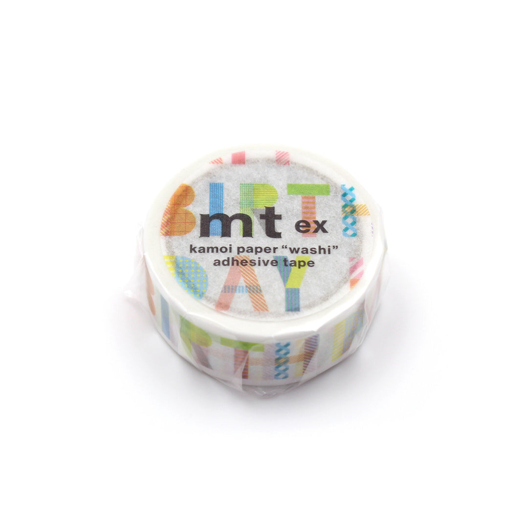 Japanese mt Washi Tape - Happy Birthday featuring colorful block letters on white paper, ideal for decorating crafts and stationery with a cheerful birthday theme.