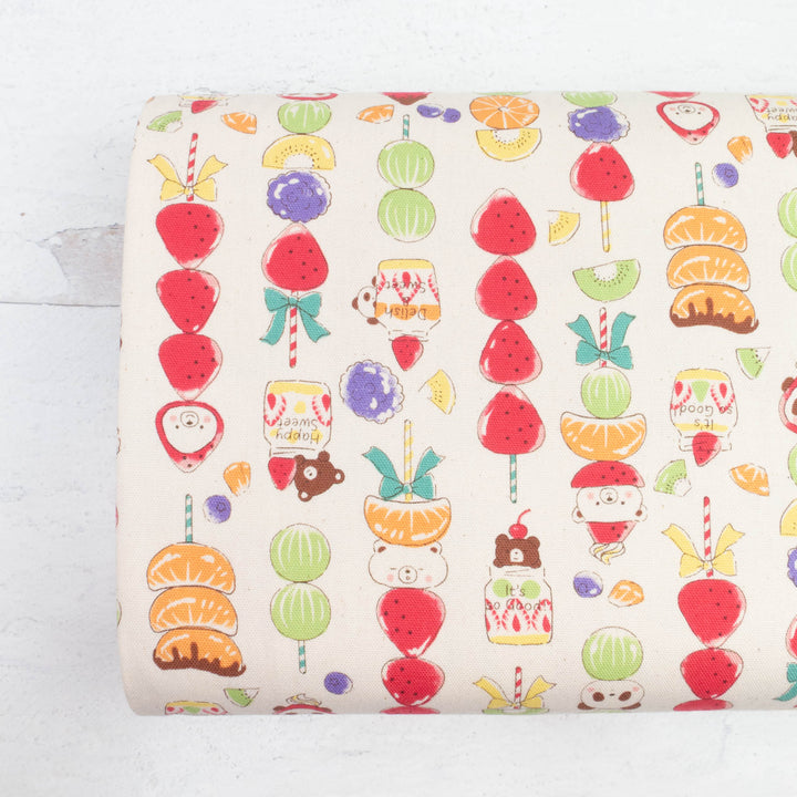 Japanese Cotton Oxford Fabric - Kawaii Fruit Skewer Animals on Natural (YGA602A)