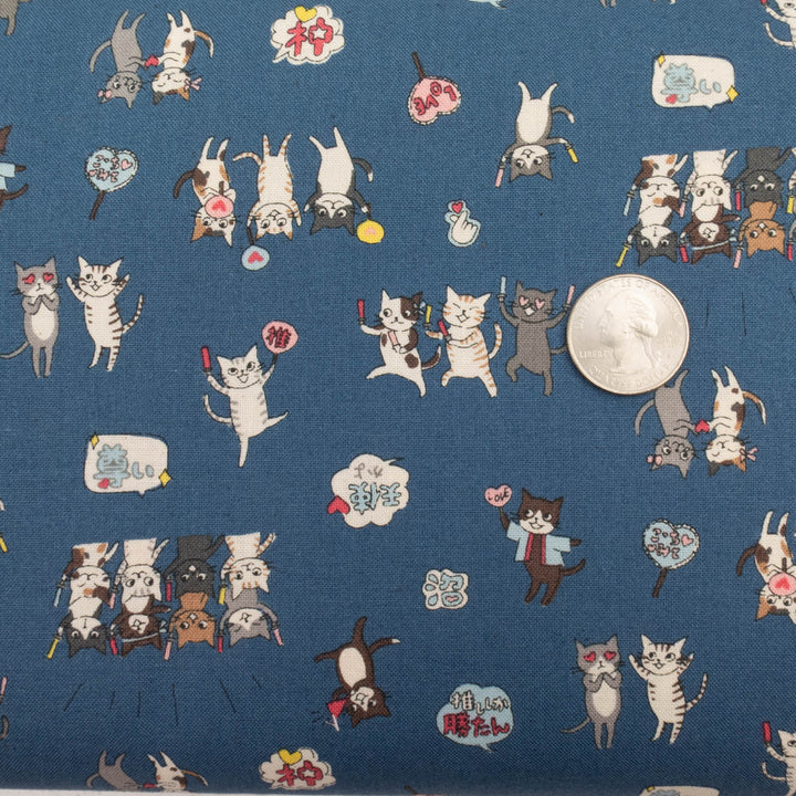 Japanese Cotton Fabric - Funny Cats Cheering on Blue (YK501D)