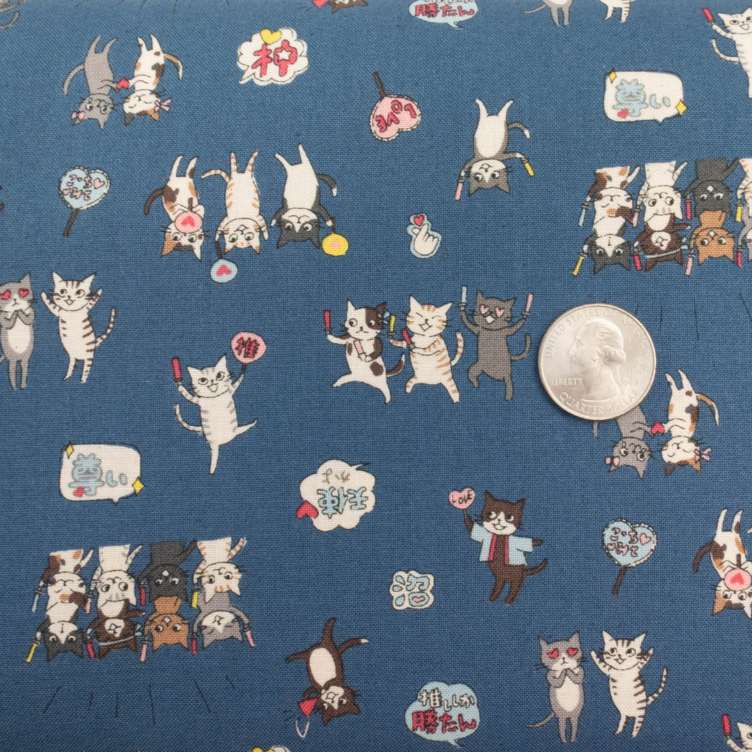 Japanese Cotton Fabric - Funny Cats Cheering on Blue (YK501D)