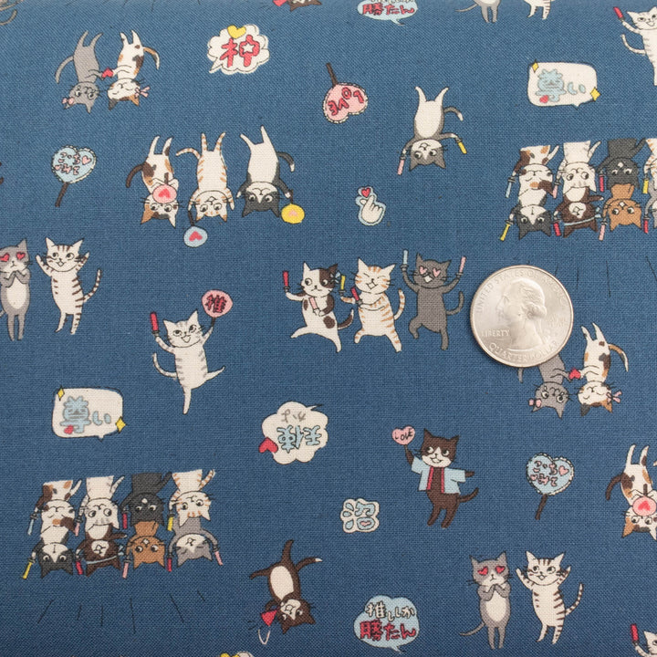 Japanese Cotton Fabric - Funny Cats Cheering on Blue (YK501D)