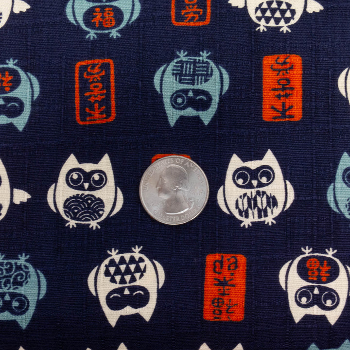 Japanese Cotton Dobby Fabric - Kawaii Owls on Navy (AP2041E)