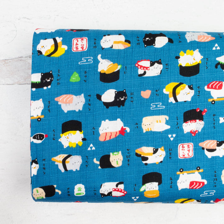 Japanese Cotton Dobby Fabric - Kawaii Cat Sushi on Navy (AP21063E)