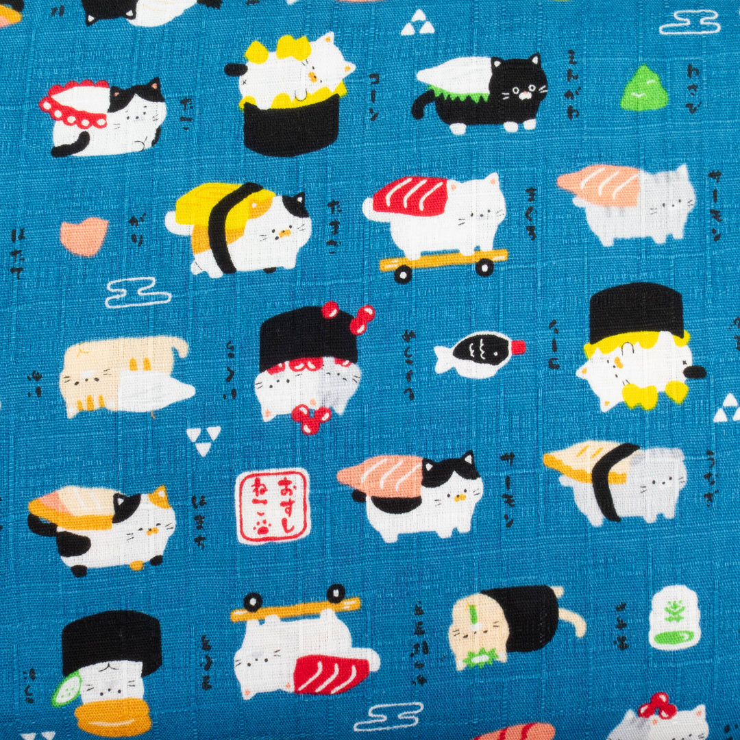 Japanese Cotton Dobby Fabric - Kawaii Cat Sushi on Navy (AP21063E)
