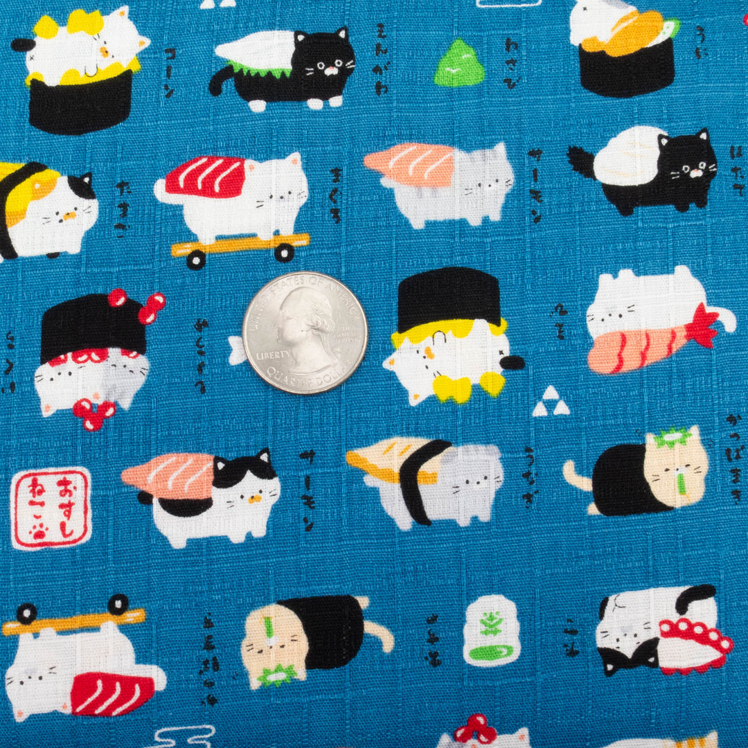 Japanese Cotton Dobby Fabric - Kawaii Cat Sushi on Navy (AP21063E)